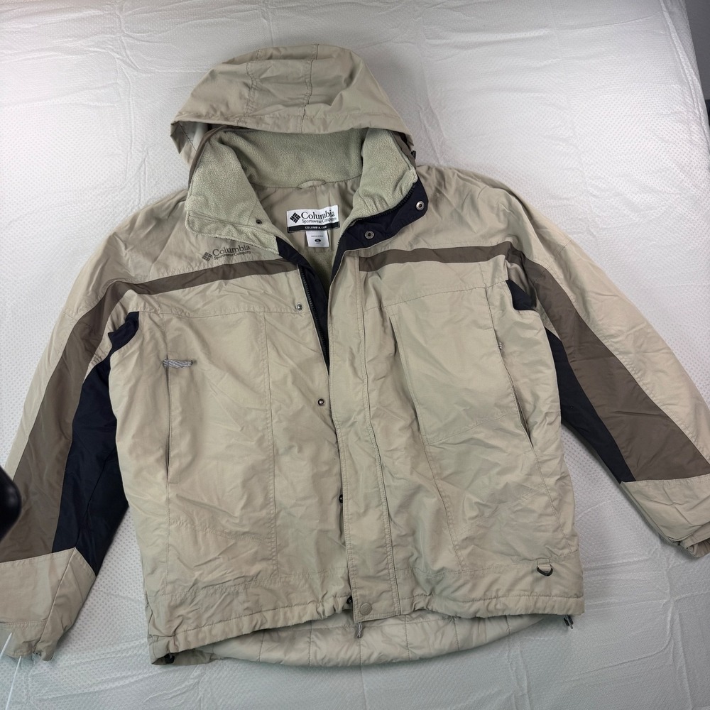 Columbia Men's XL Fleece Lined Hooded Ski Jacket Parka Beige Brown Coat